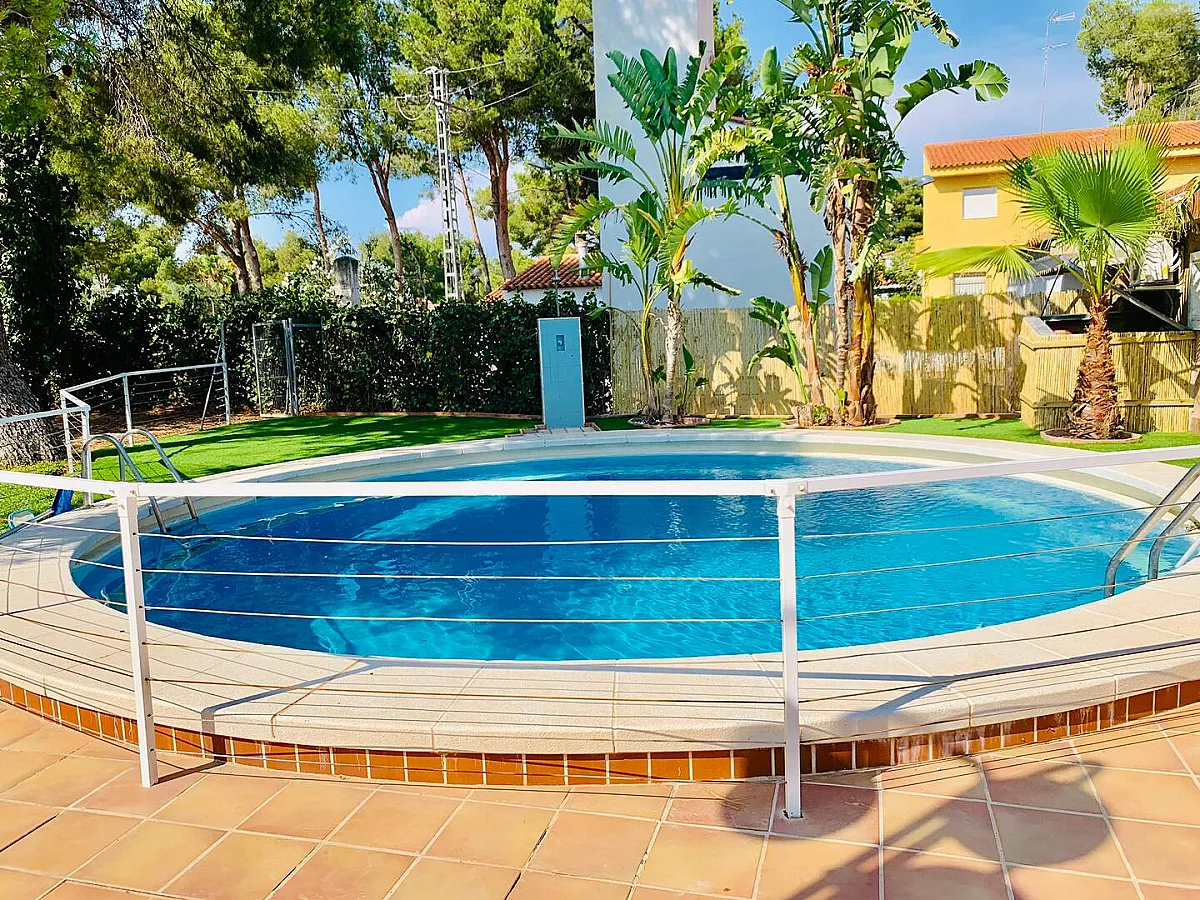 Jardín con piscina y palmeras
