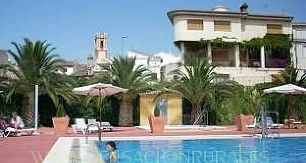 Patio con palmeras y piscina